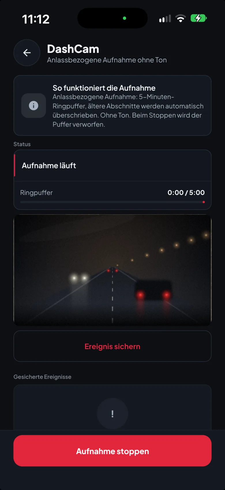 DashCam der Fahrer-App: anlassbezogene Aufnahme ohne Ton mit Fünf-Minuten-Ringpuffer