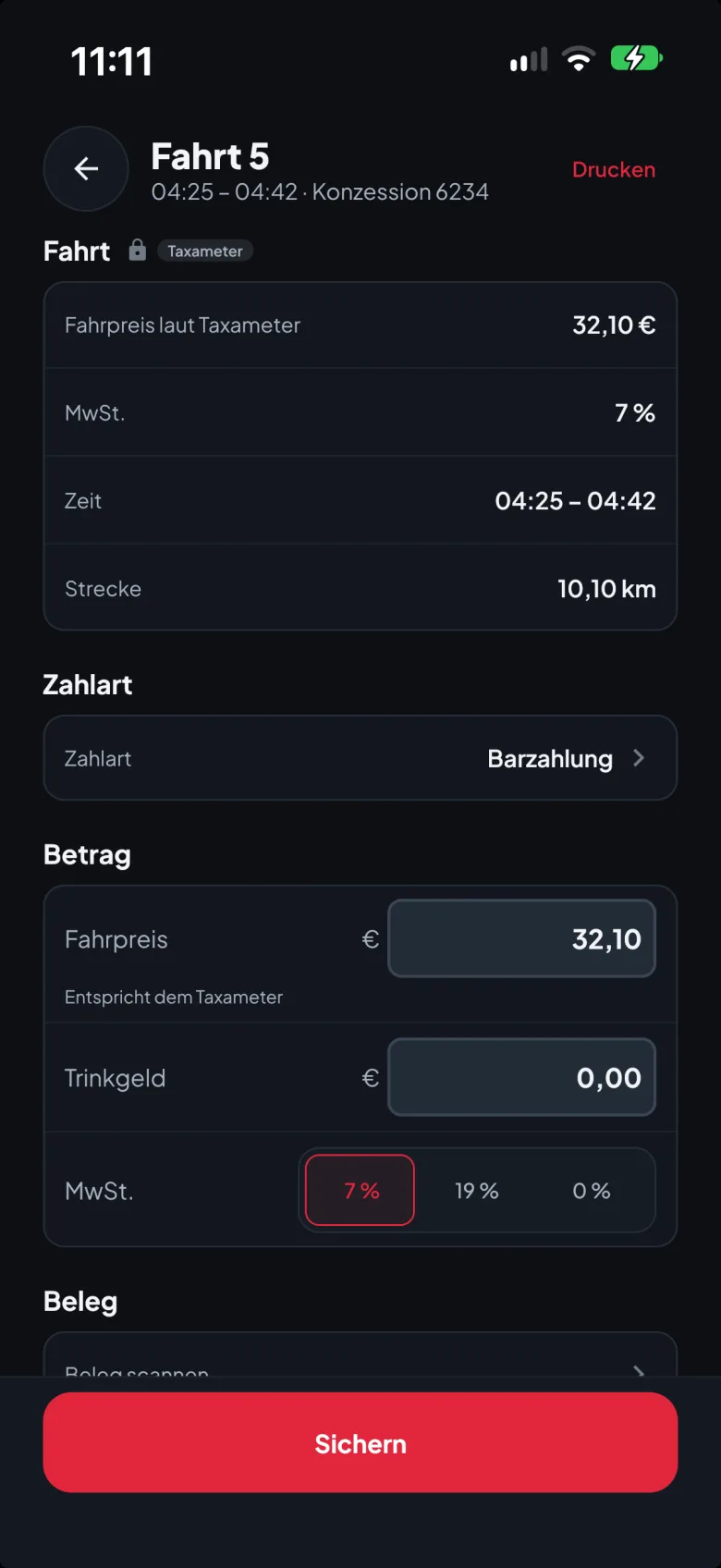 Fahrt bearbeiten: Fahrpreis laut Taxameter, Zahlart, Trinkgeld und Mehrwertsteuersatz
