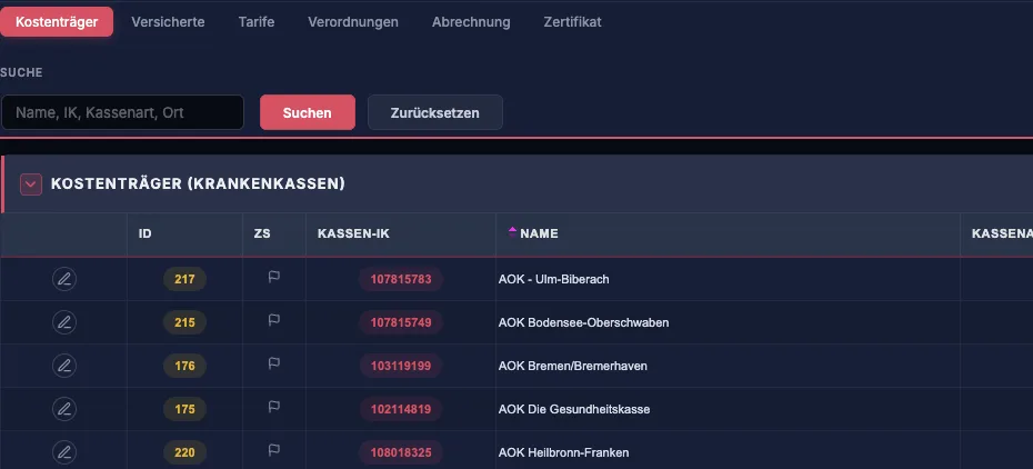 starkcenter Krankenkassen-Abrechnung: Reiter Kostenträger, Versicherte, Tarife, Verordnungen, Abrechnung und Zertifikat, darunter Kostenträger mit Kassen-IK